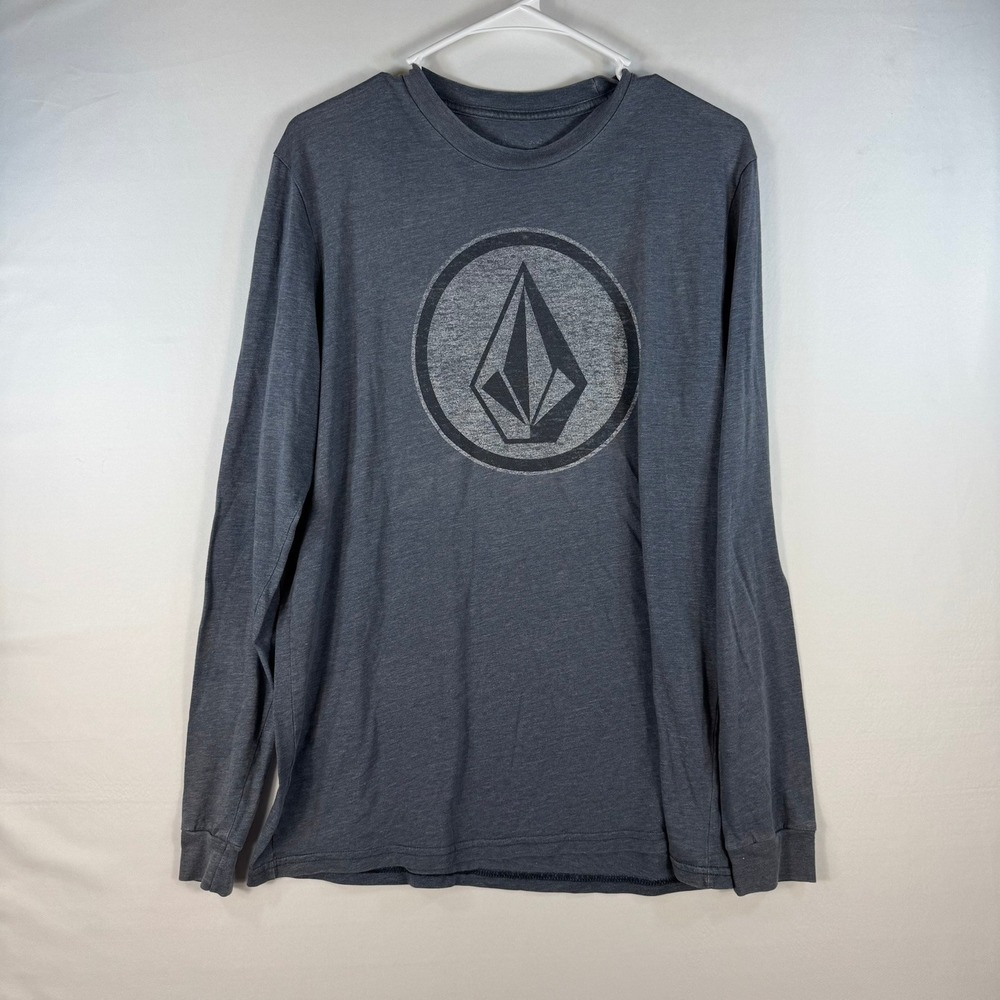 Volcom Men Charcoal Heather Grey Stone Logo Graphic Long Sleeve T-Shirt Large